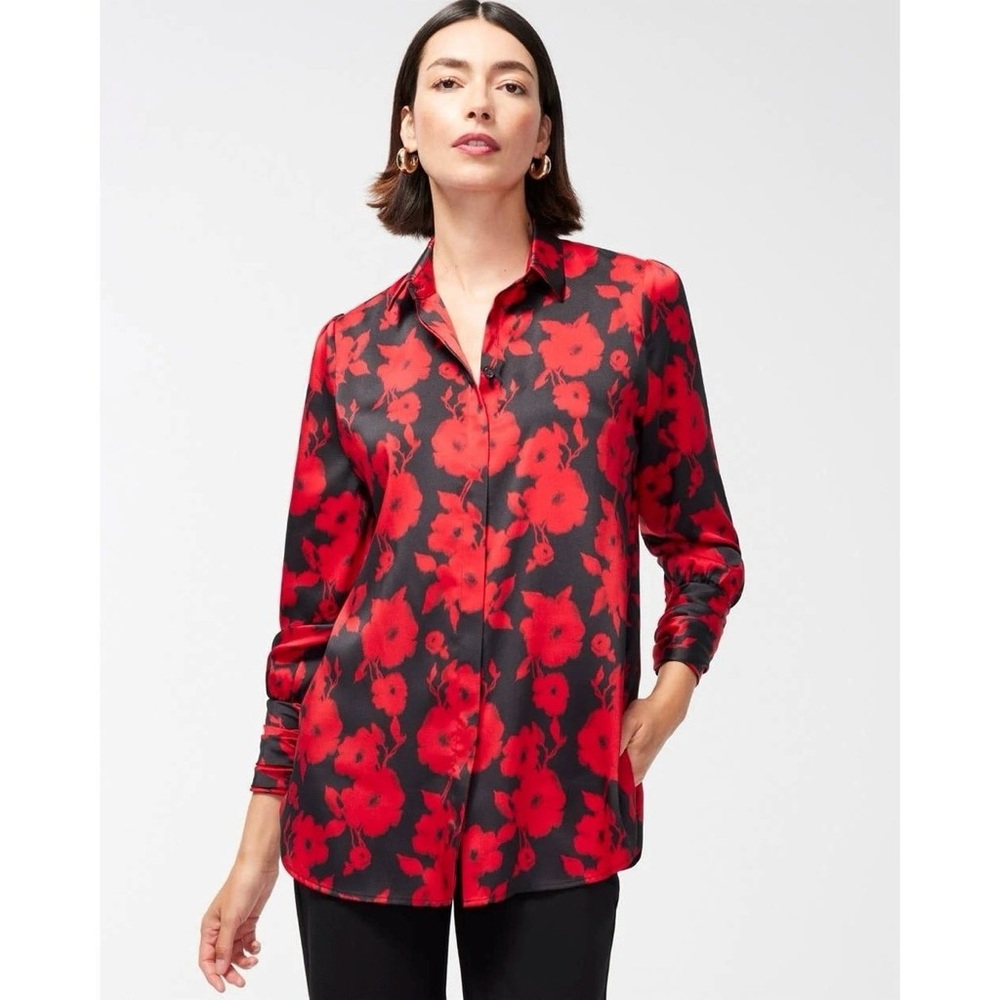Chico's Size‎ 3 Button Down Shirt Floral Feminine Florence Mirage Red Black